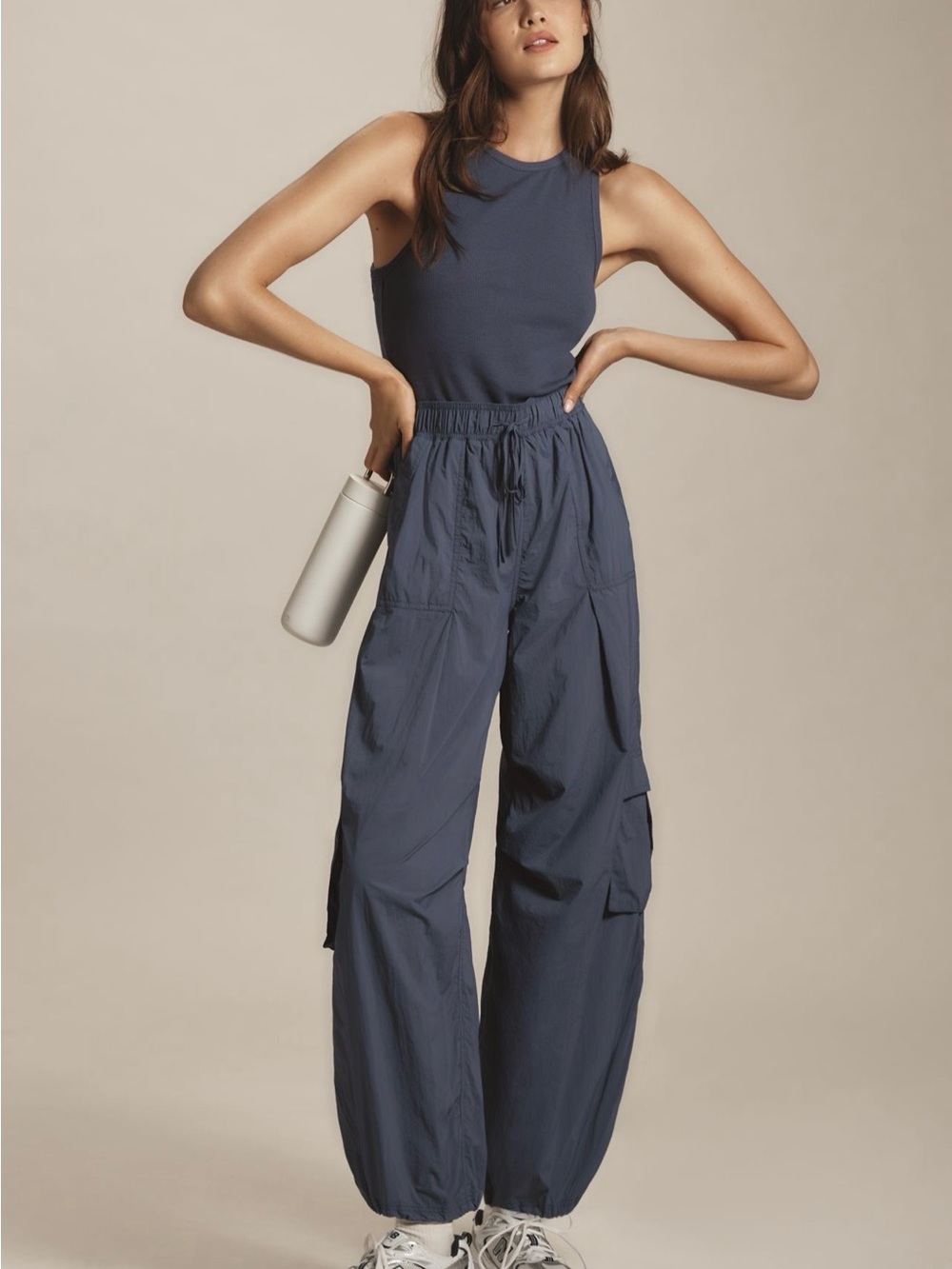 Wide Leg Cargo Jogger Pants in Slate Blue